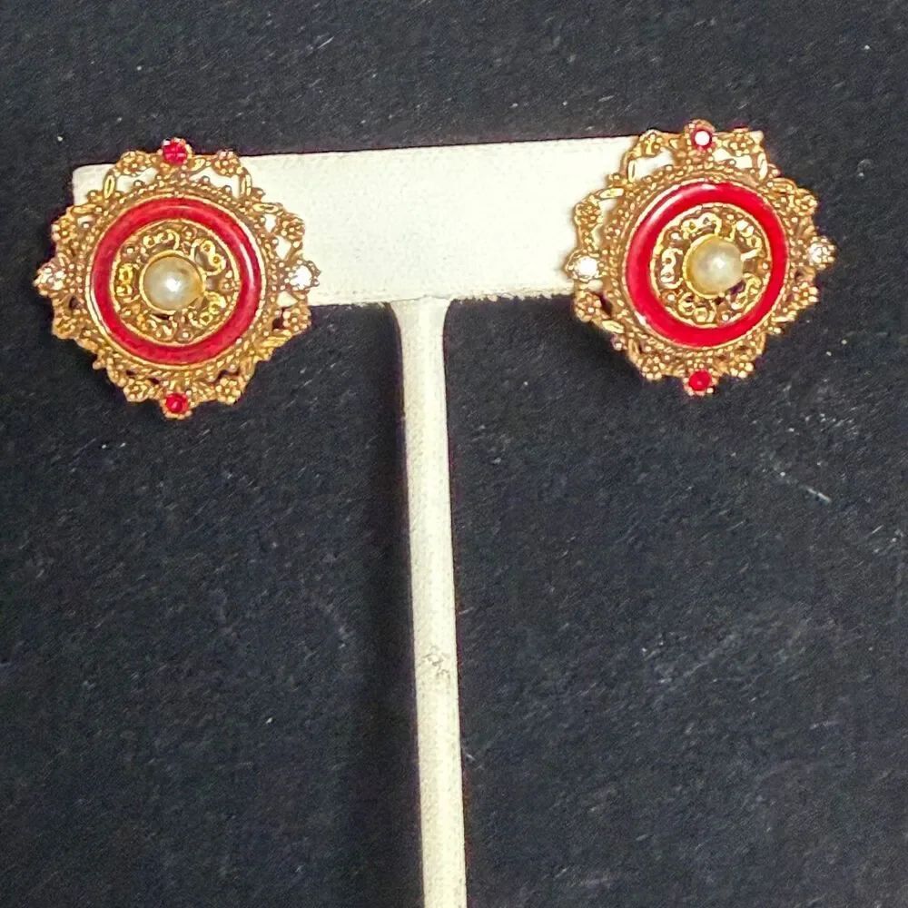 Vintage Florenza Red Enamel Faux Pearl Rhinestone Gold Tone Clip On Earrings